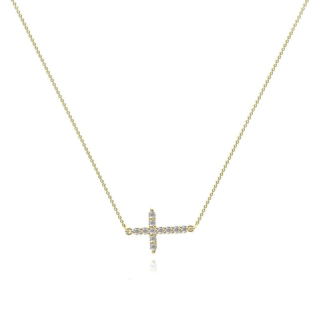 18K Gold Plated Women's Side Cross Cubic Zirconia Necklace Waterproof Jewelry